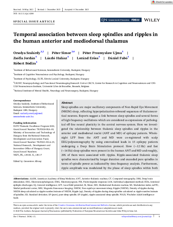 (PDF) Temporal association between sleep spindles and ripples in the ...