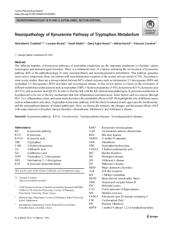 (PDF) Neuropathology of Kynurenine Pathway of Tryptophan Metabolism