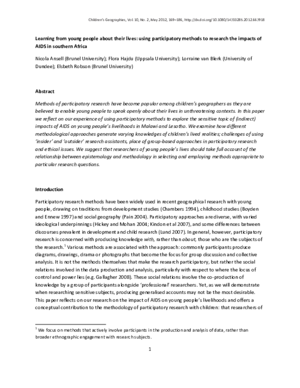 (PDF) Learning from young people about their lives: using participatory ...