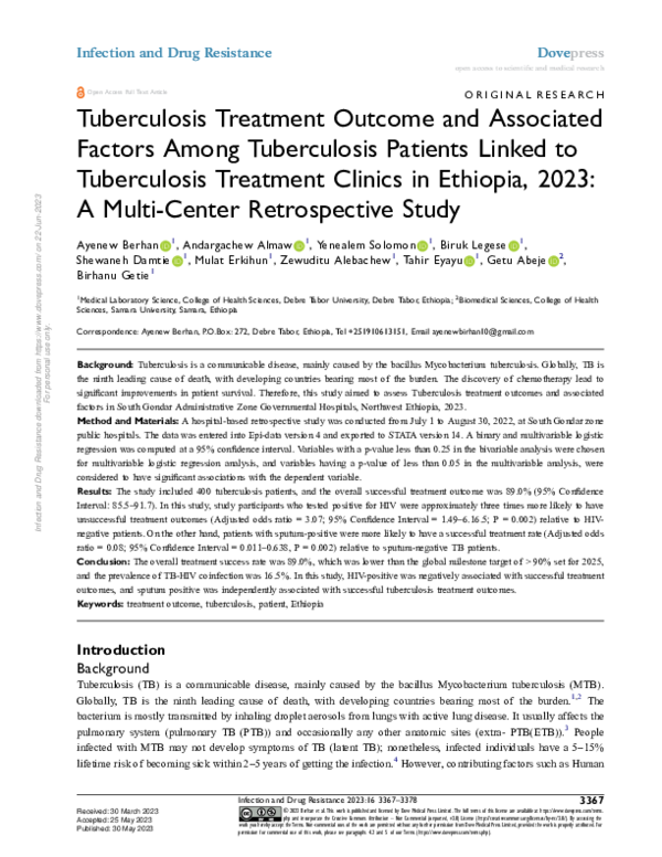 (PDF) Tuberculosis Treatment Outcome and Associated Factors Among ...