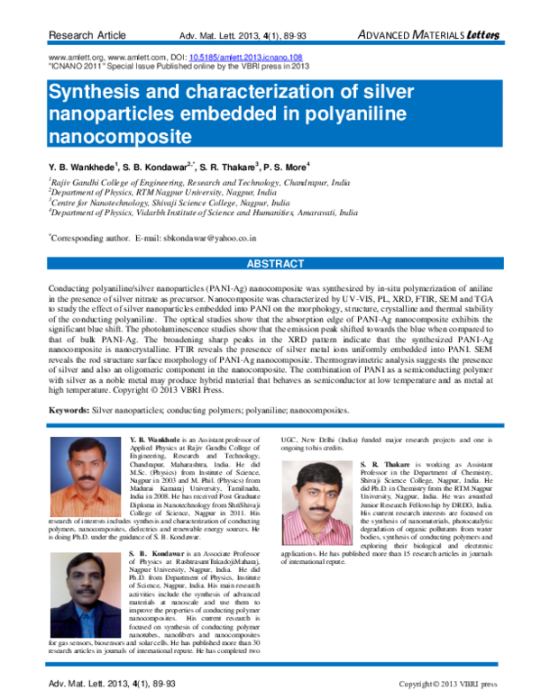 (PDF) Synthesis And Characterization Of Silver Nanoparticles embedded ...