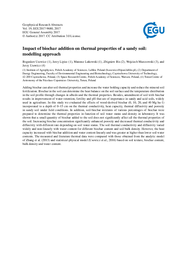 (PDF) Impact of biochar addition on thermal properties of a sandy soil ...