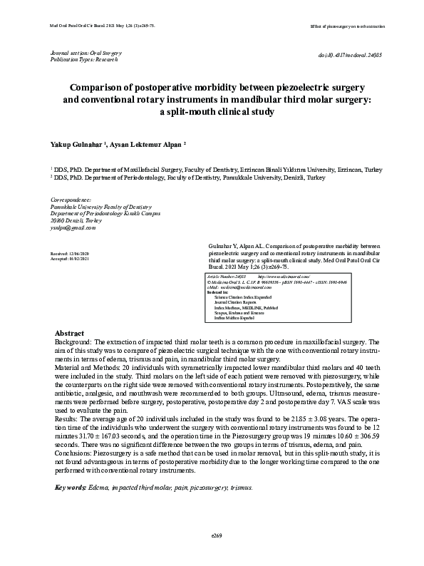 (PDF) Comparison of postoperative morbidity between piezoelectric ...