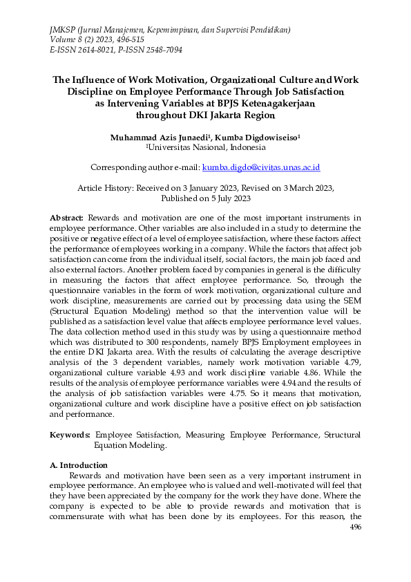 (PDF) The Influence of Work Motivation, Organizational Culture and Work ...