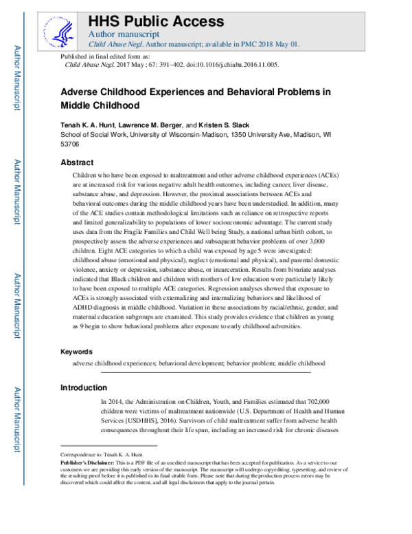 (PDF) Adverse childhood experiences and behavioral problems in middle ...