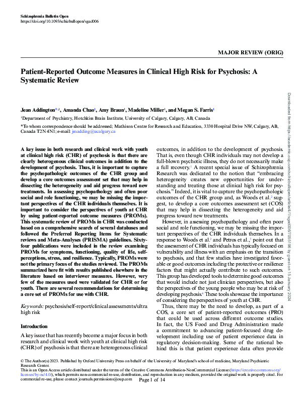 (PDF) Patient Reported Outcome Measures in Clinical High Risk for ...