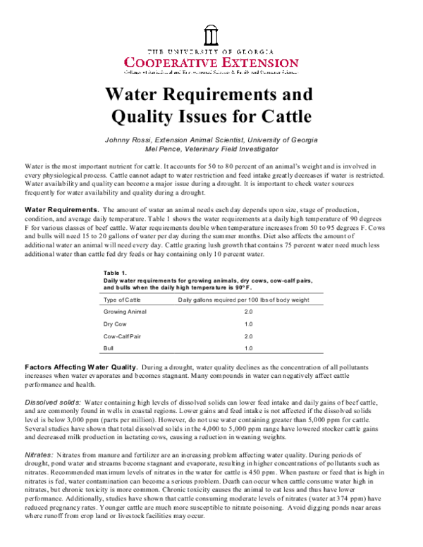 (PDF) Water requirements and quality issues for cattle