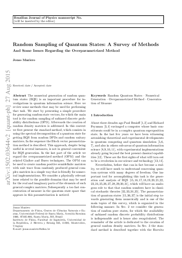 (PDF) Random Sampling of Quantum States: a Survey of Methods