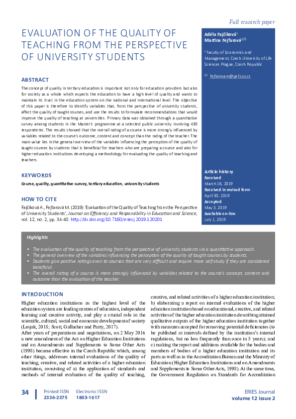 (PDF) Evaluation of the Quality of Teaching from the Perspective of ...