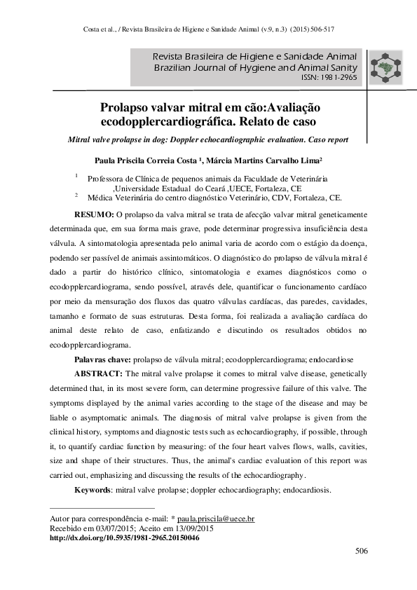 (PDF) Mitral valve prolapse in dog: Doppler echocardiographic ...