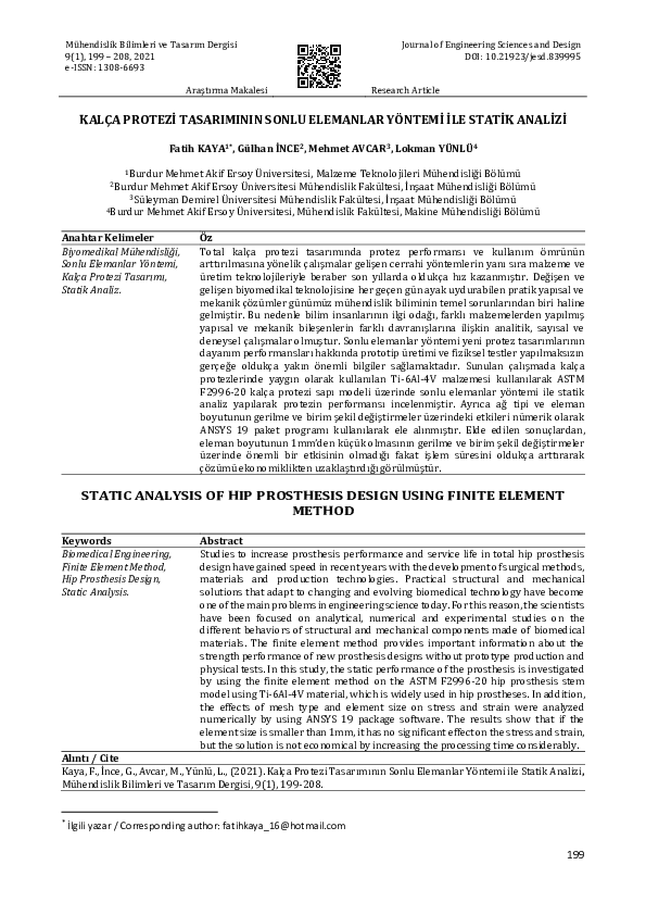 (PDF) Static Analysis of Hip Prosthesis Design Using Finite Element Method