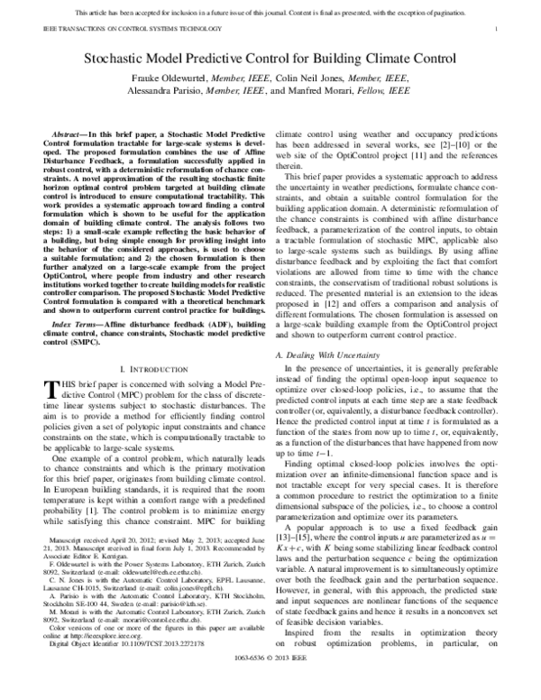 (PDF) Stochastic Model Predictive Control for Building Climate Control
