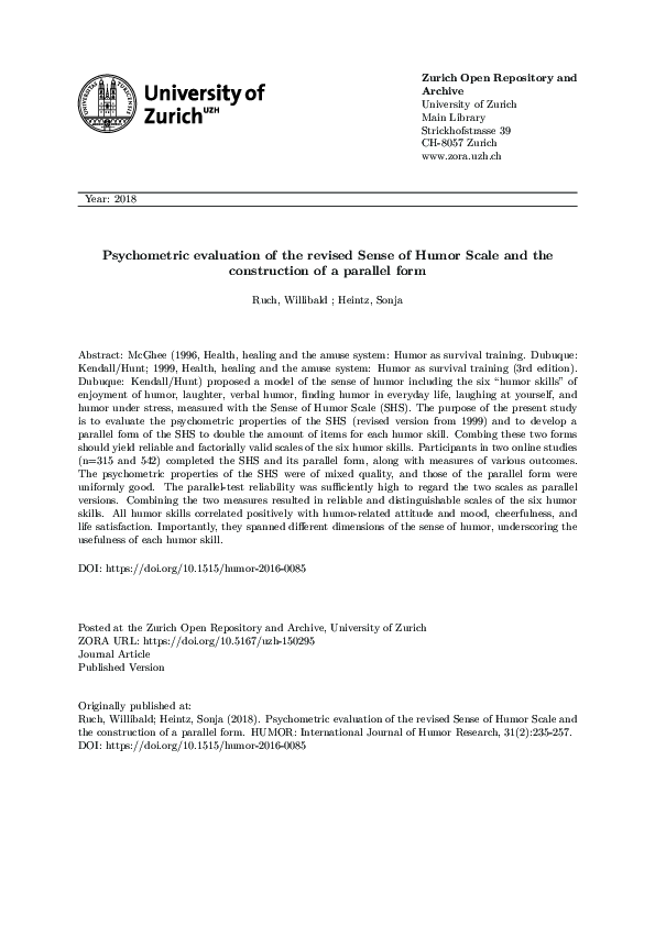 (PDF) Psychometric evaluation of the revised Sense of Humor Scale and ...