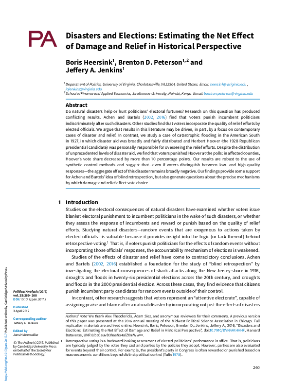 (PDF) Disasters and Elections: Estimating the Net Effect of Damage and ...