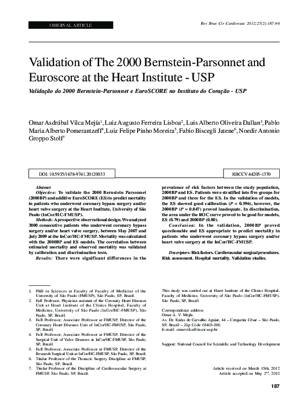 (PDF) Validation of the 2000 Bernstein-Parsonnet and EuroSCORE at the ...