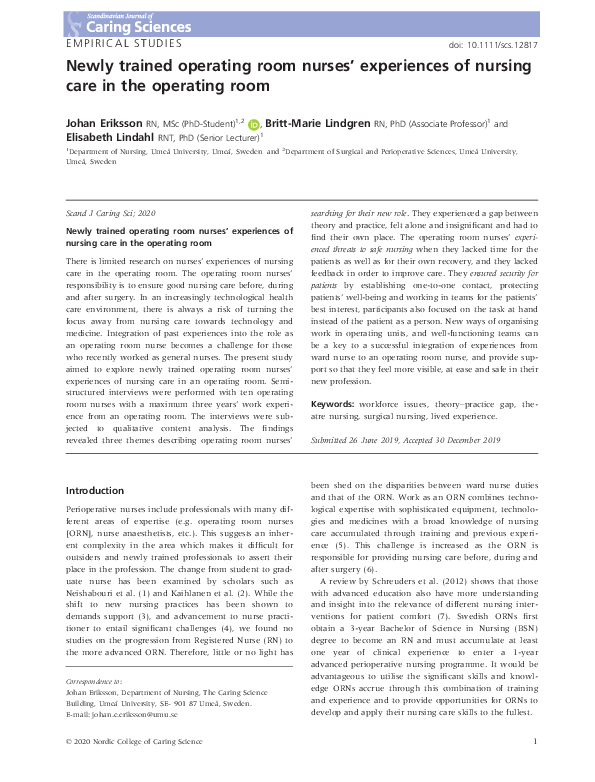 (PDF) Newly trained operating room nurses’ experiences of nursing care ...