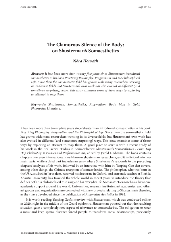 (PDF) The Clamorous Silence of the Body: on Shusterman's Somaesthetics
