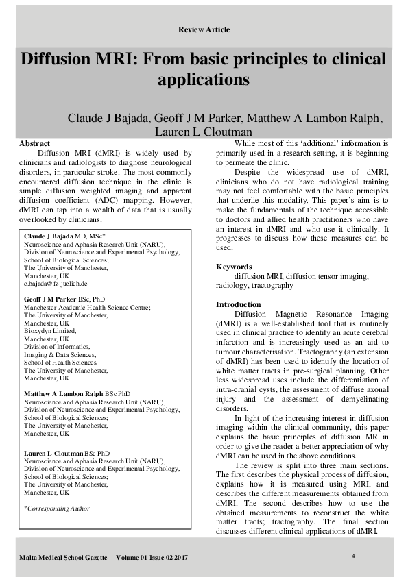 (PDF) Diffusion MRI : from basic principles to clinical applications