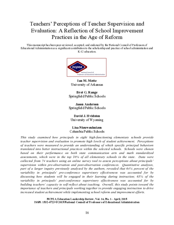 (PDF) Teachers' Perceptions of Teacher Supervision and Evaluation: A ...