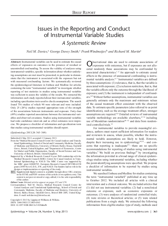 (PDF) Issues in the Reporting and Conduct of Instrumental Variable Studies