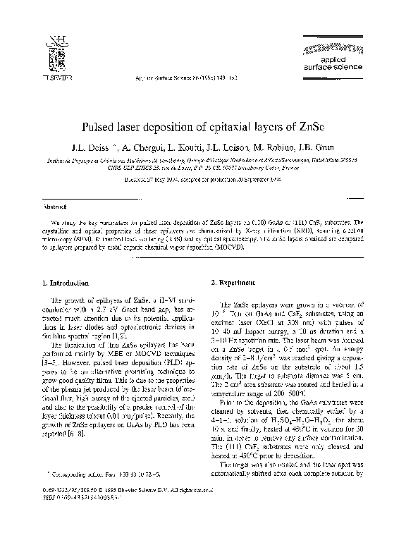 (PDF) Pulsed laser deposition of epitaxial layers of ZnSe