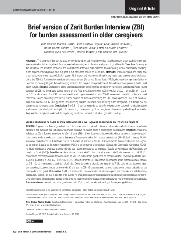 (PDF) Brief version of Zarit Burden Interview (ZBI) for burden ...