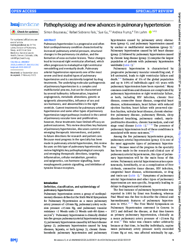 (PDF) Pathophysiology and new advances in pulmonary hypertension
