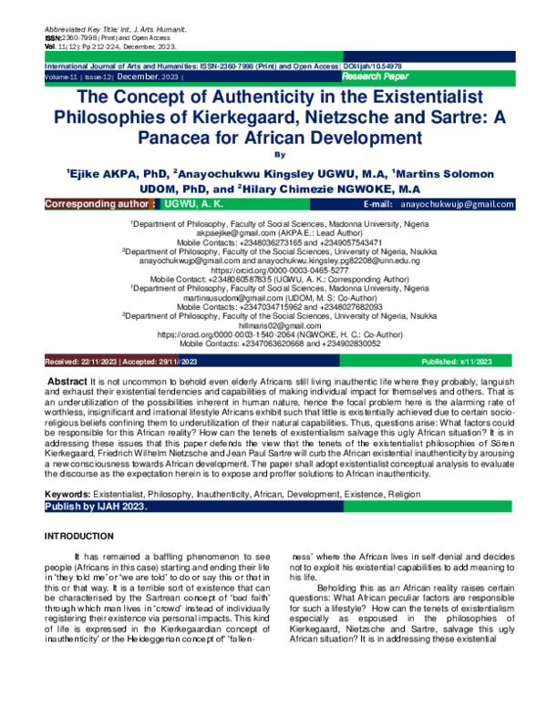 (PDF) The Concept of Authenticity in the Existentialist Philosophies of ...