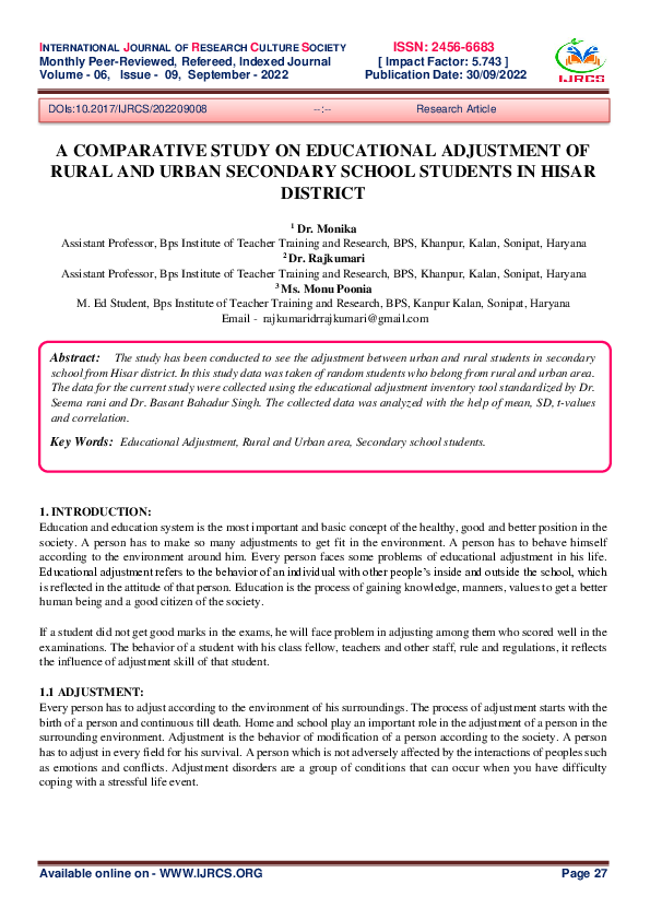 (PDF) A COMPARATIVE STUDY ON EDUCATIONAL ADJUSTMENT OF RURAL AND URBAN