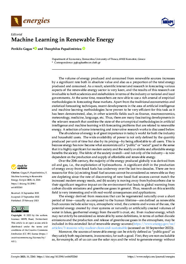 Pdf Machine Learning In Renewable Energy