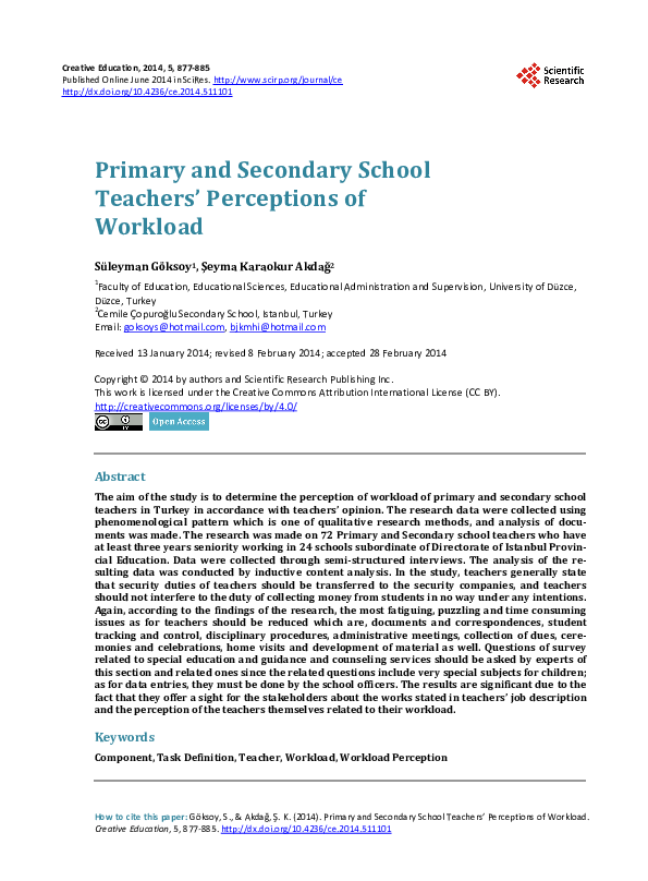 Pdf Primary And Secondary School Teachers Perceptions Of Workload
