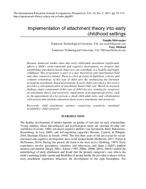 (PDF) Implementation of attachment theory into early childhood settings