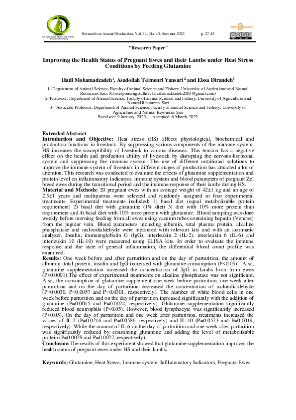 Improving the Health Status of Pregnant Ewes and their Lambs under Heat Stress Conditions by Feeding Glutamine