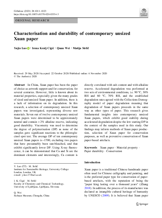 (PDF) Characterisation and durability of contemporary unsized Xuan paper
