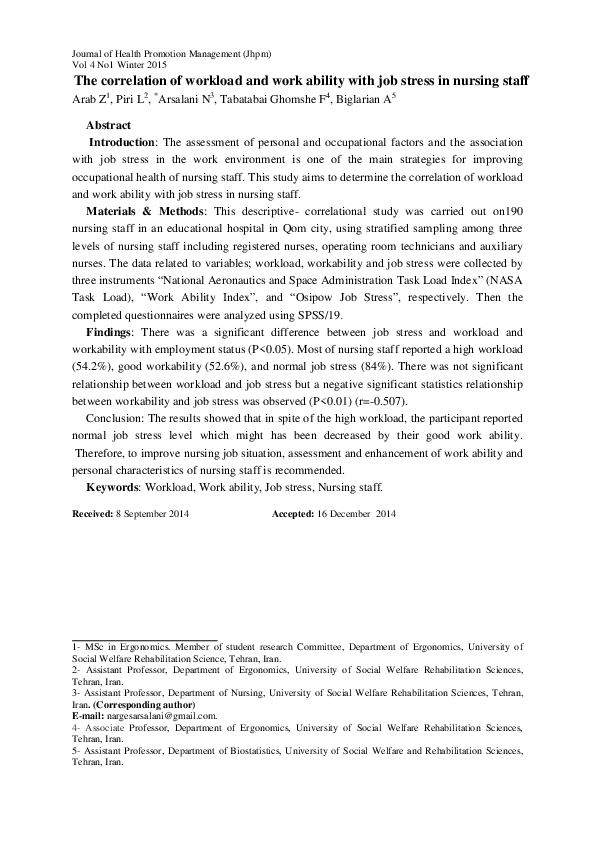 (PDF) The correlation of workload and work ability with job stress in ...