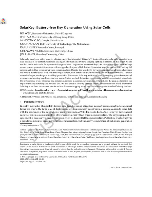 (PDF) SolarKey: Battery-free Key Generation Using Solar Cells