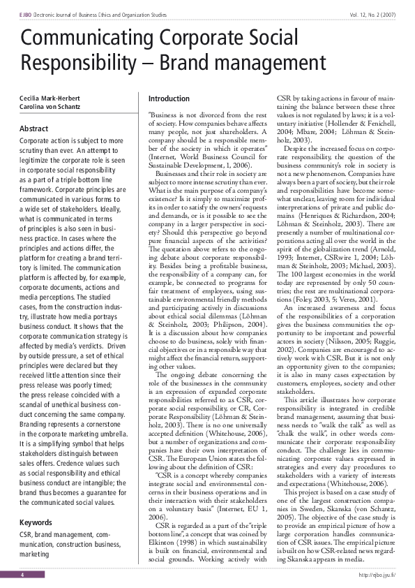 (PDF) Communicating Corporate Social Responsibility – Brand management