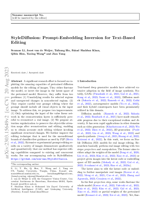 (PDF) StyleDiffusion: Prompt-Embedding Inversion for Text-Based Editing