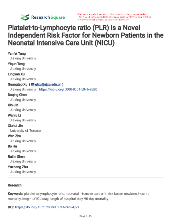(PDF) Platelet-to-Lymphocyte ratio (PLR) is a Novel Independent Risk ...