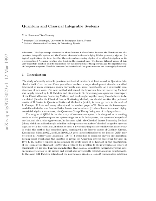 (PDF) Quantum and Classical Integrable Systems