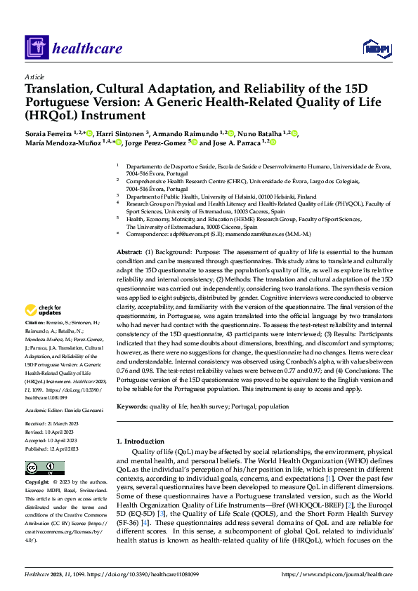 (PDF) Translation, Cultural Adaptation, and Reliability of the 15D ...