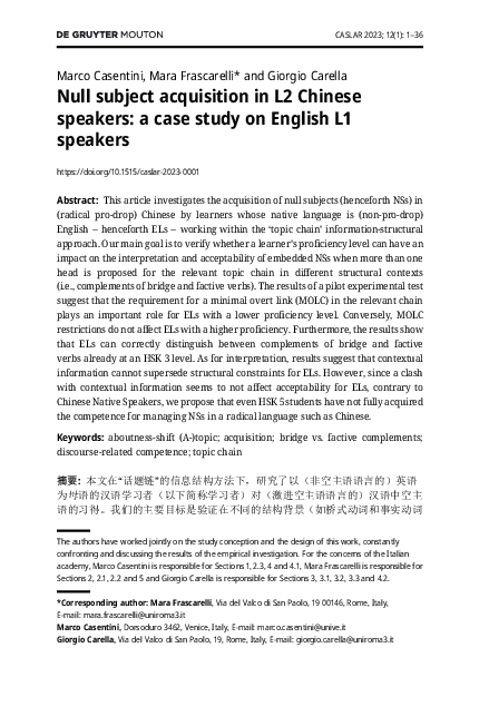 (PDF) Null subject acquisition in L2 Chinese speakers: a case study on ...