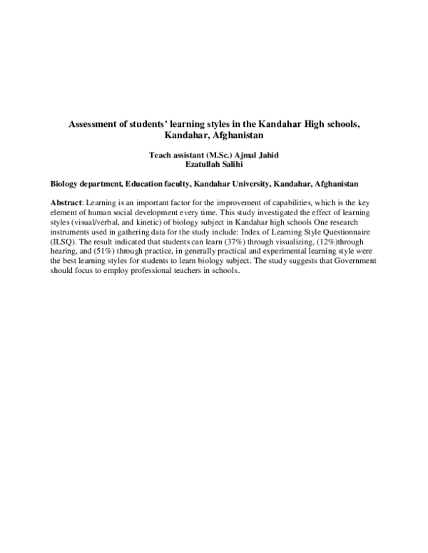 (PDF) Assessment of students' learning styles in the Kandahar High ...