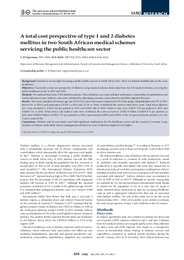 (PDF) A total cost perspective of type 1 and 2 diabetes mellitus in two ...