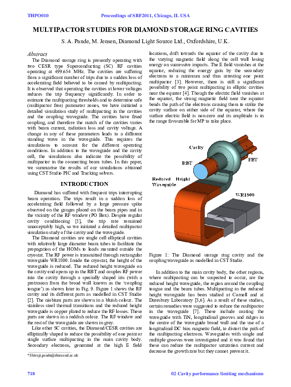 (PDF) Multipactor Studies for Diamond Storage Ring Cavities