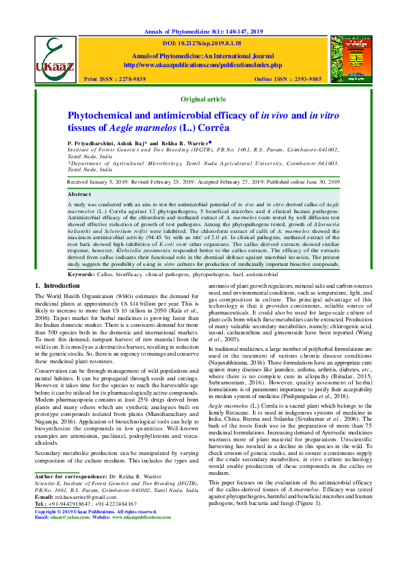 (PDF) Phytochemical and antimicrobial efficacy of in vivo and in vitro ...