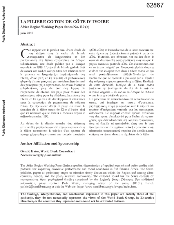 Pdf La Filiere Coton De Cote D Ivoire
