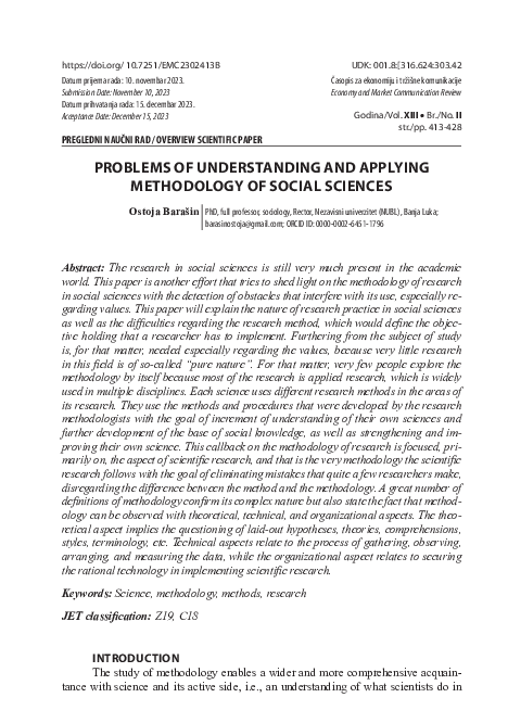 (PDF) PROBLEMS OF UNDERSTANDING AND APPLYING METHODOLOGY OF SOCIAL SCIENCES