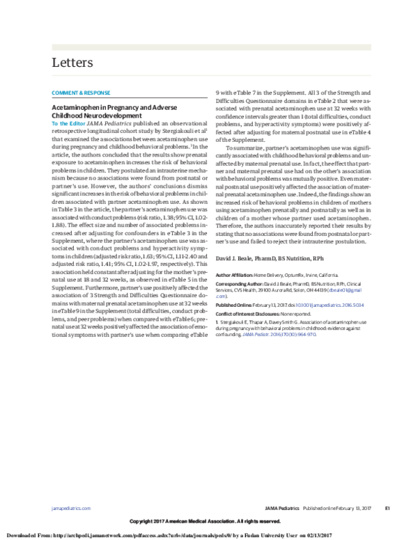 (PDF) Acetaminophen in Pregnancy and Adverse Childhood Neurodevelopment