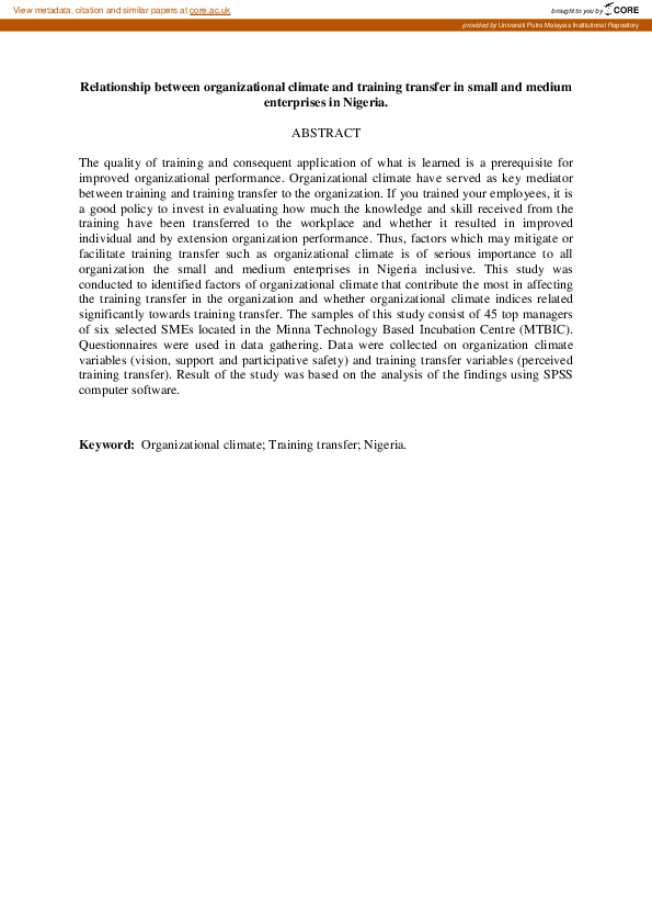 (PDF) Relationship between Organizational Climate and Training Transfer ...